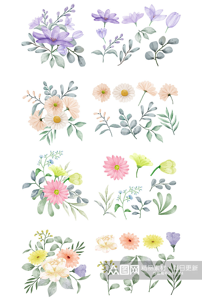 手绘彩铅风格花卉元素素材