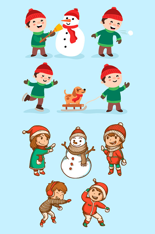 可爱孩童打雪堆雪人游戏元素