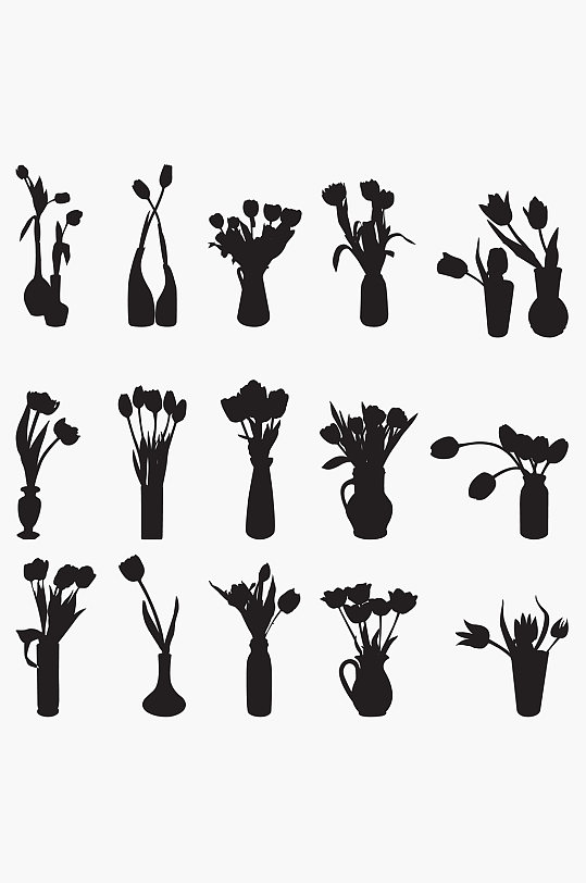鲜花插画花瓶黑色剪影矢量元素