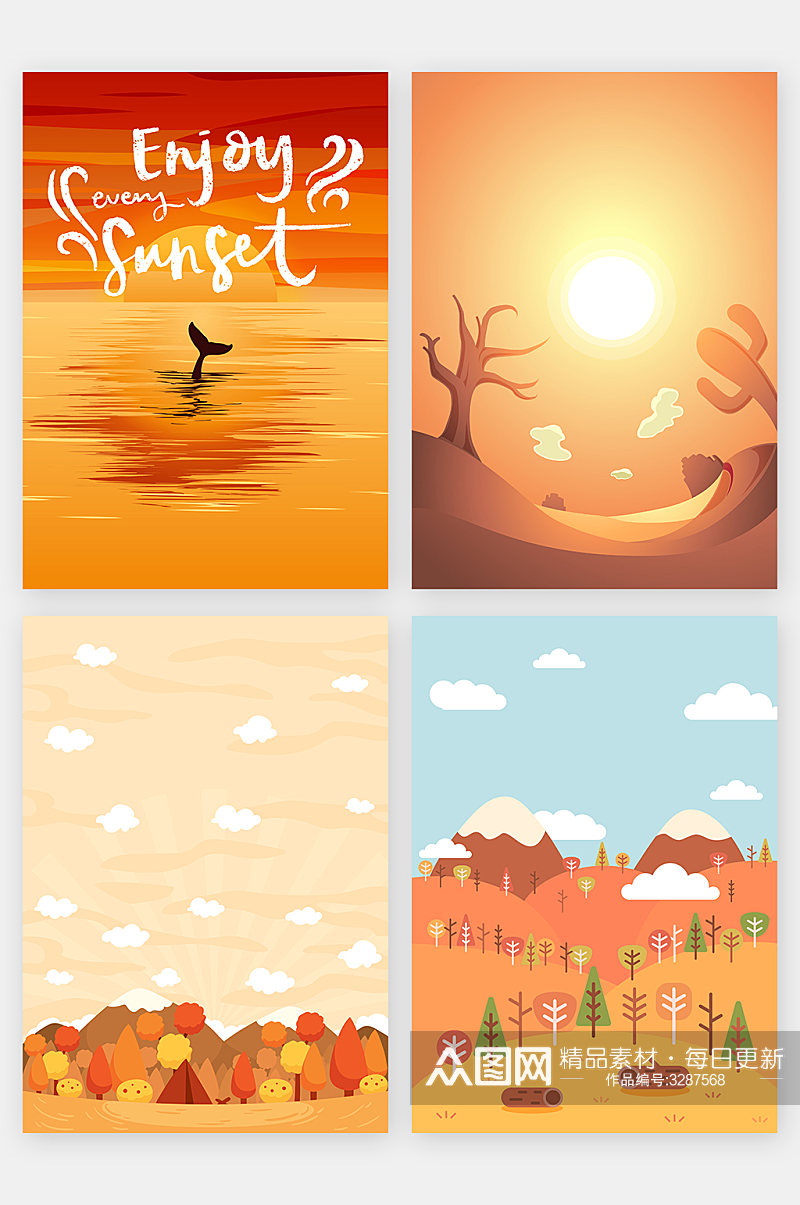 秋季与大海黄昏风景海报背景素材
