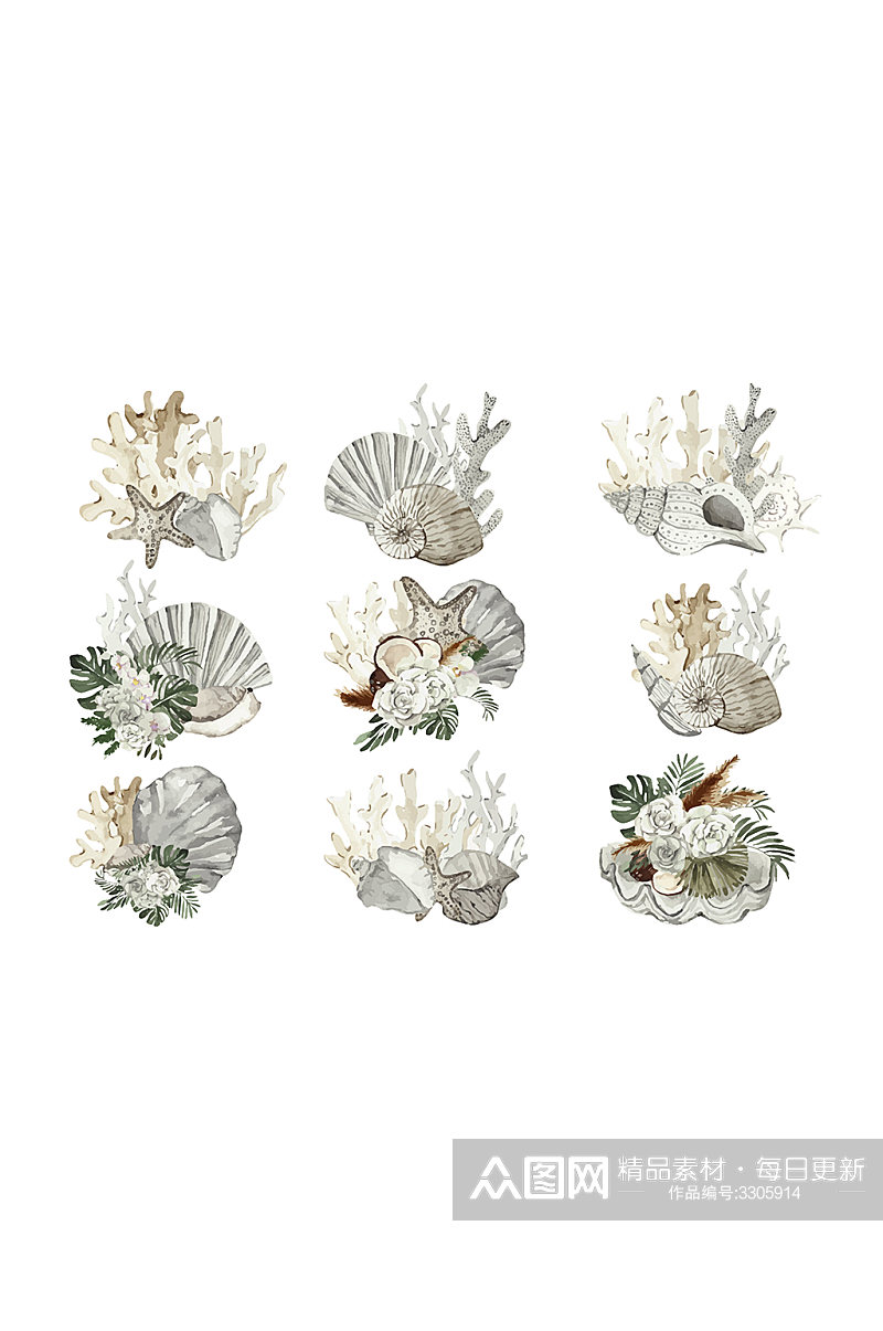 手绘水彩风格珊瑚海螺元素素材