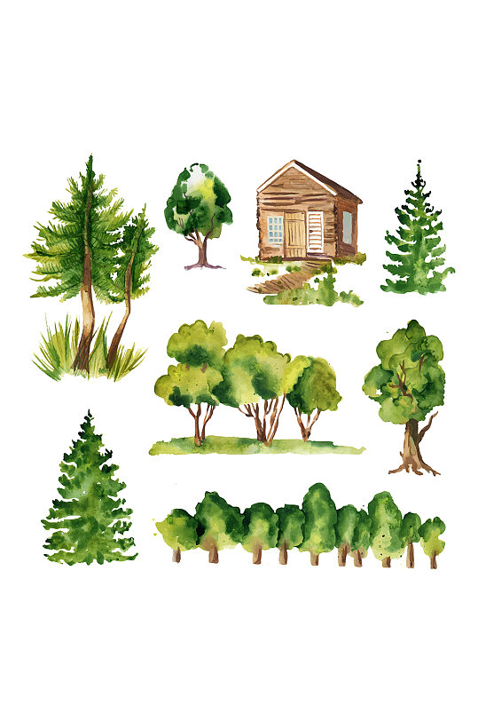 手绘水彩森林小木屋与树木元素