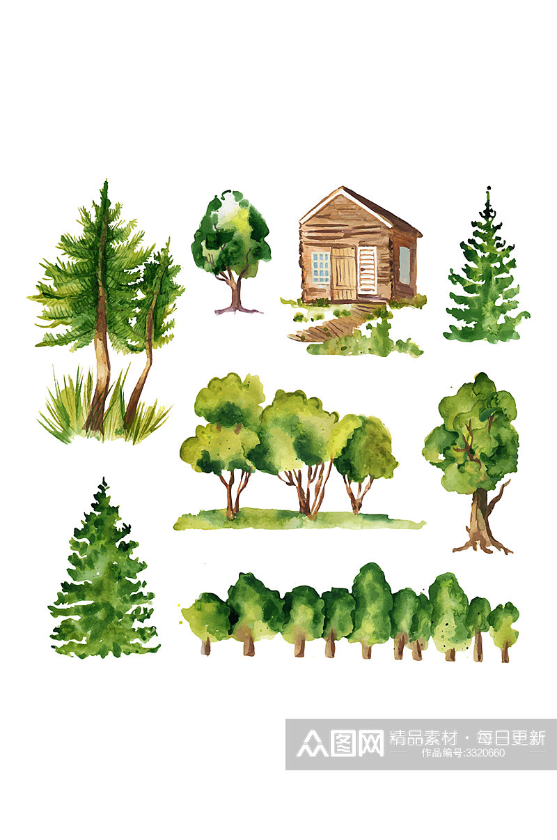 手绘水彩森林小木屋与树木元素素材