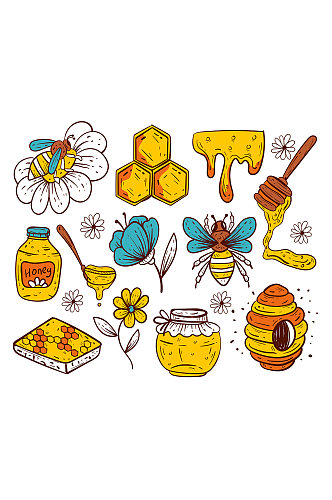 手绘涂鸦小蜜蜂蜂巢与蜂蜜元素