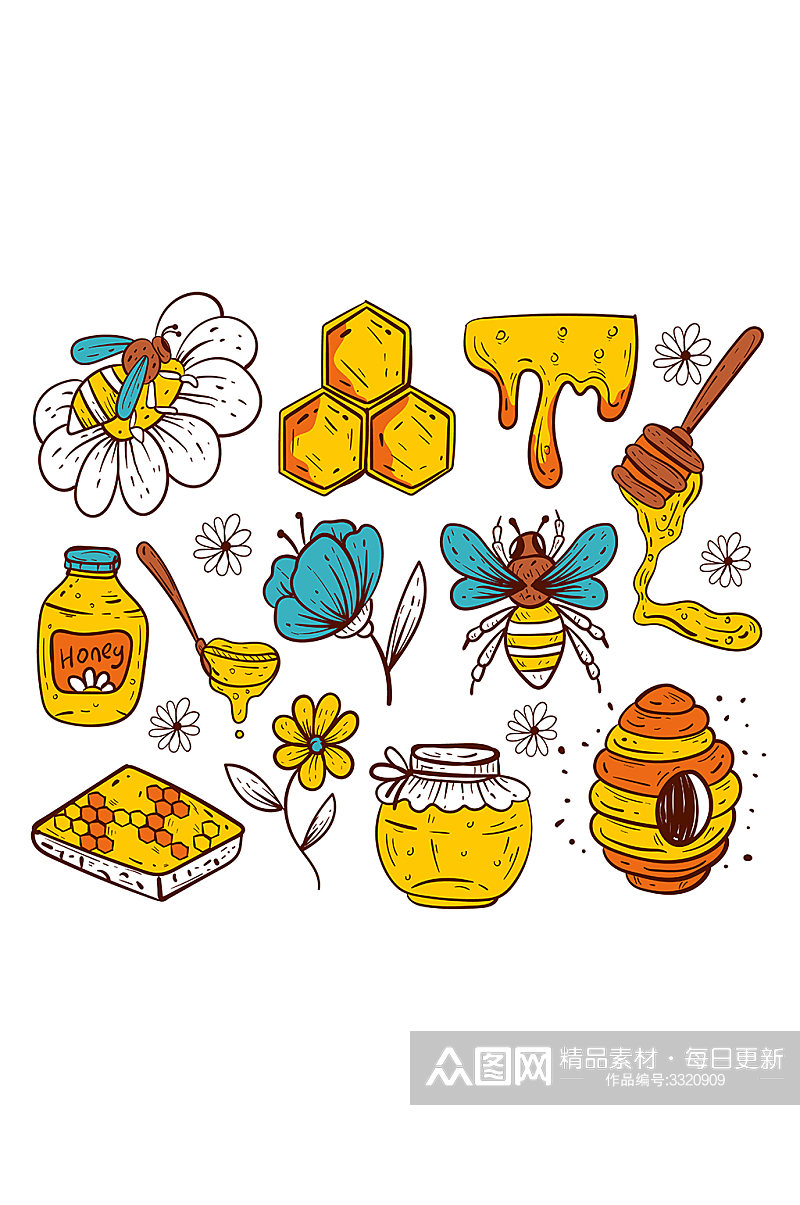 手绘涂鸦小蜜蜂蜂巢与蜂蜜元素素材