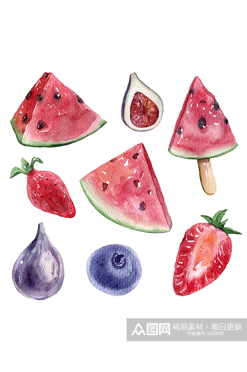 水彩西瓜草莓蓝莓水果元素素材