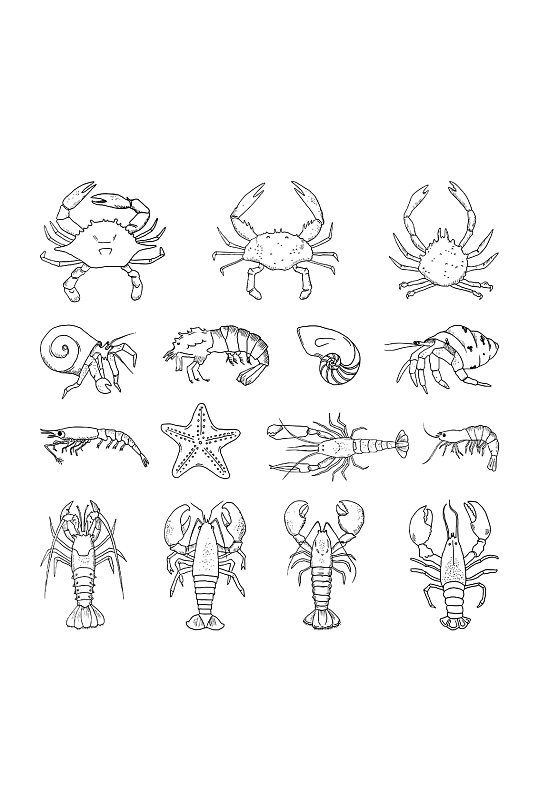 手绘素描龙虾对虾螃蟹元素