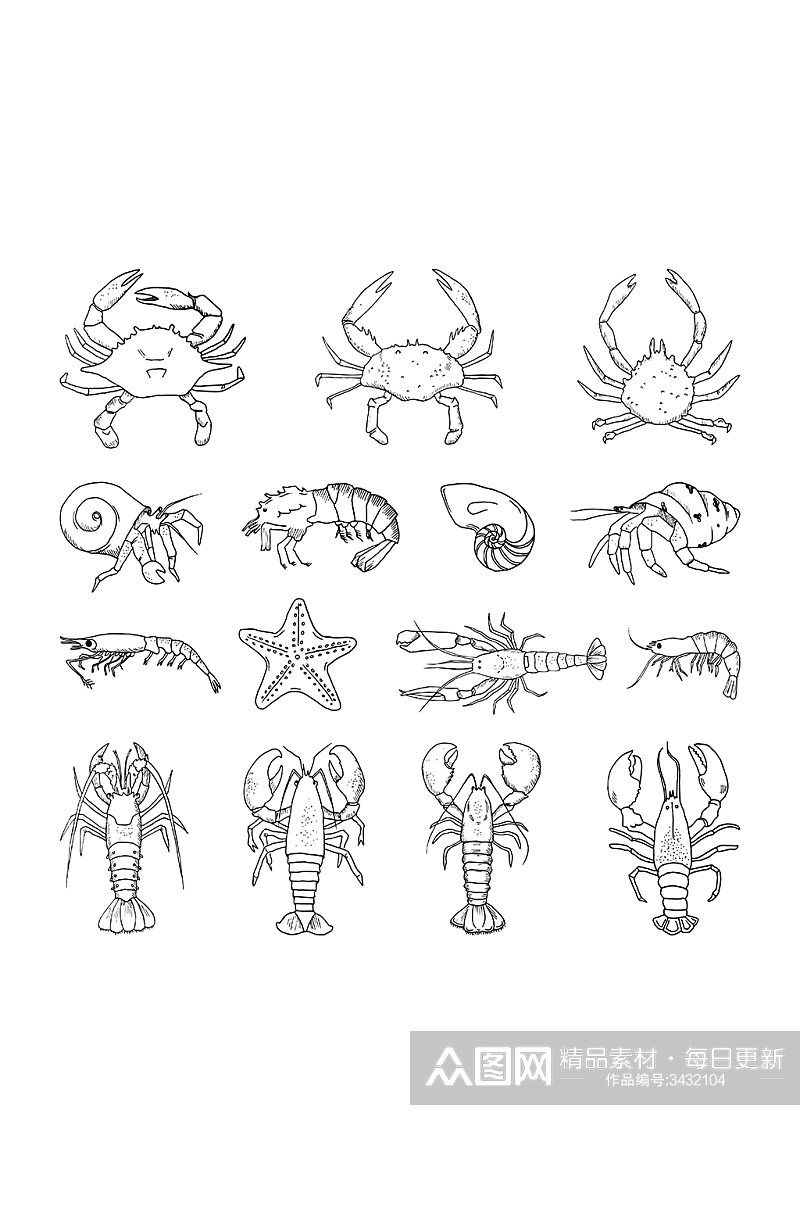 手绘素描龙虾对虾螃蟹元素素材