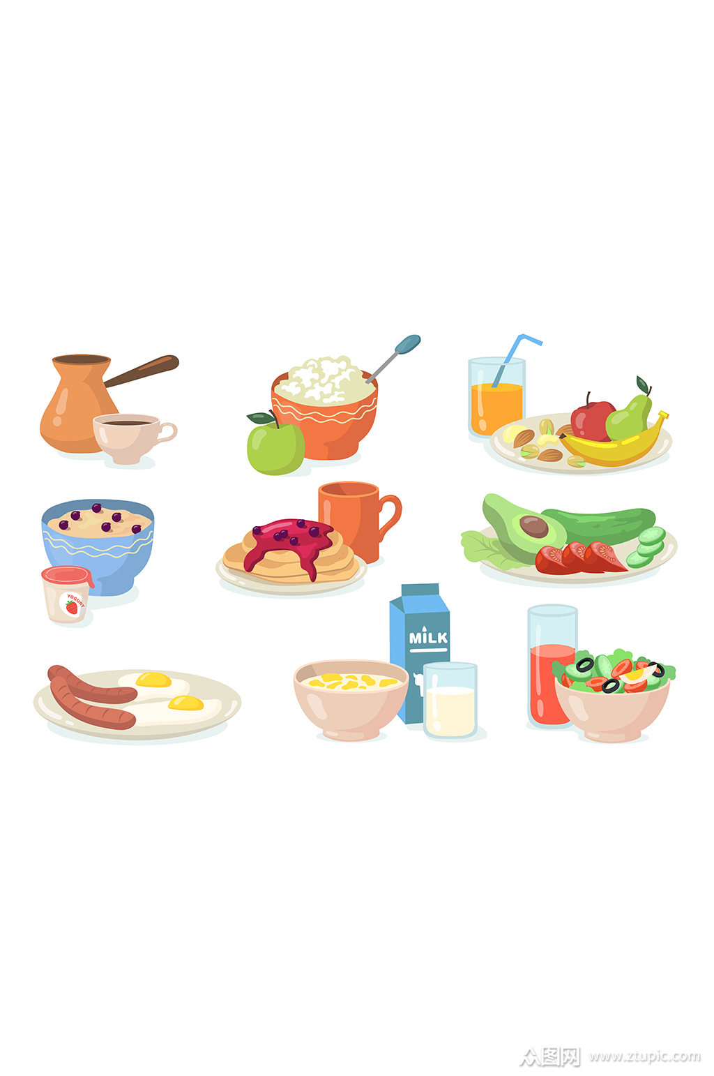 健康营养早餐矢量卡通元素素材