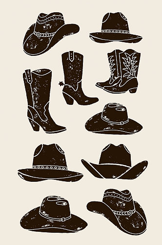 西部牛仔帽子与皮鞋剪影元素
