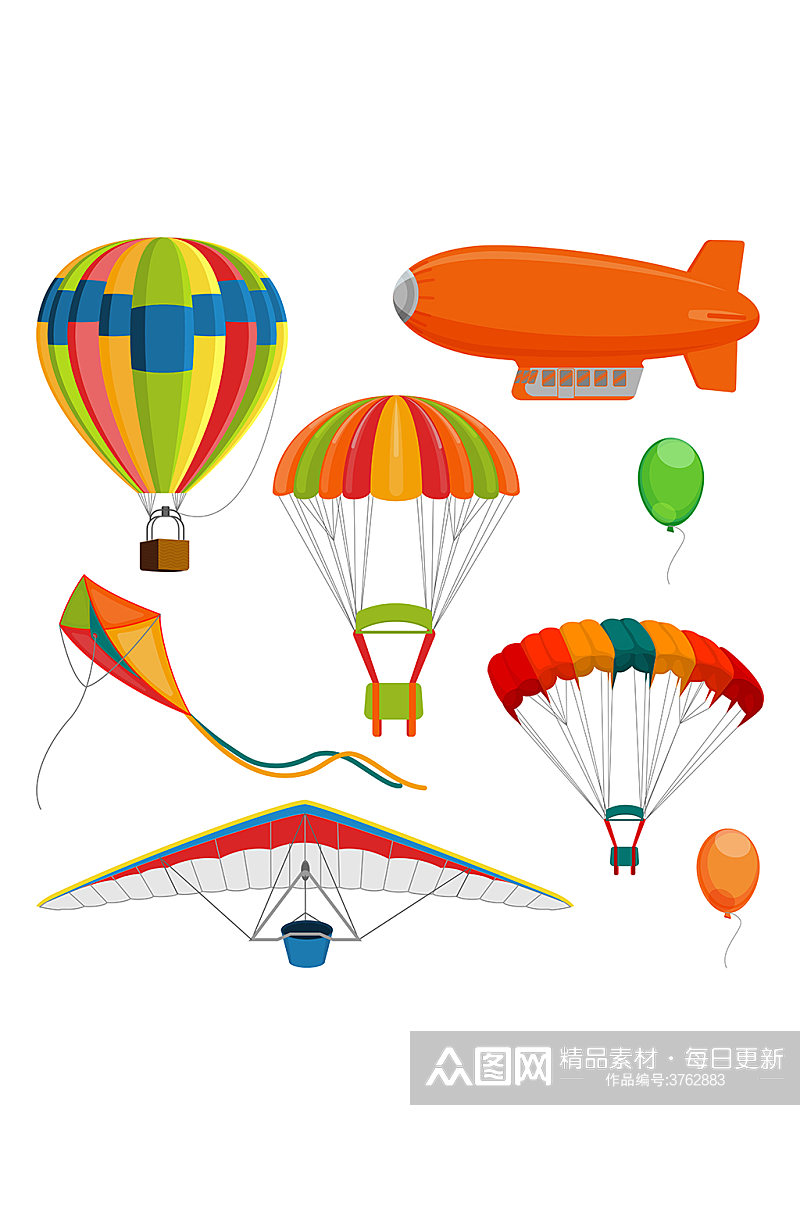 飞翔飞艇降落伞热气球风筝元素素材