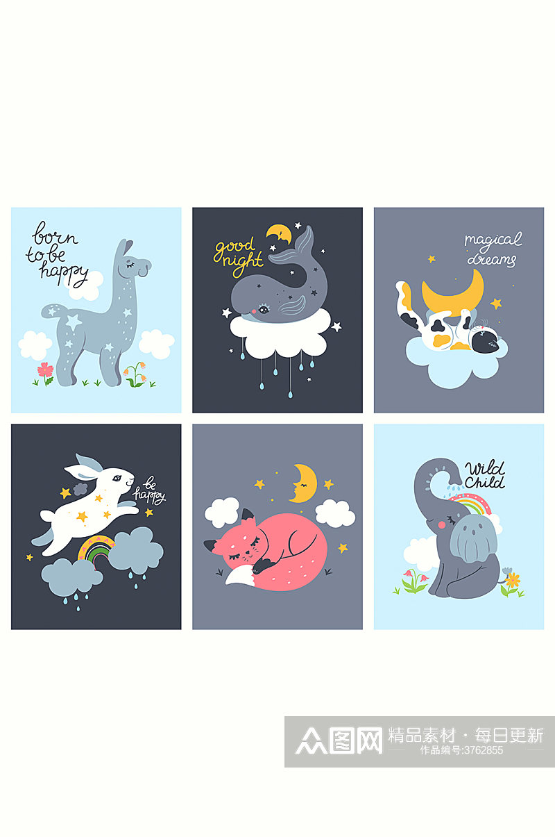 美梦小动物可爱卡片元素素材