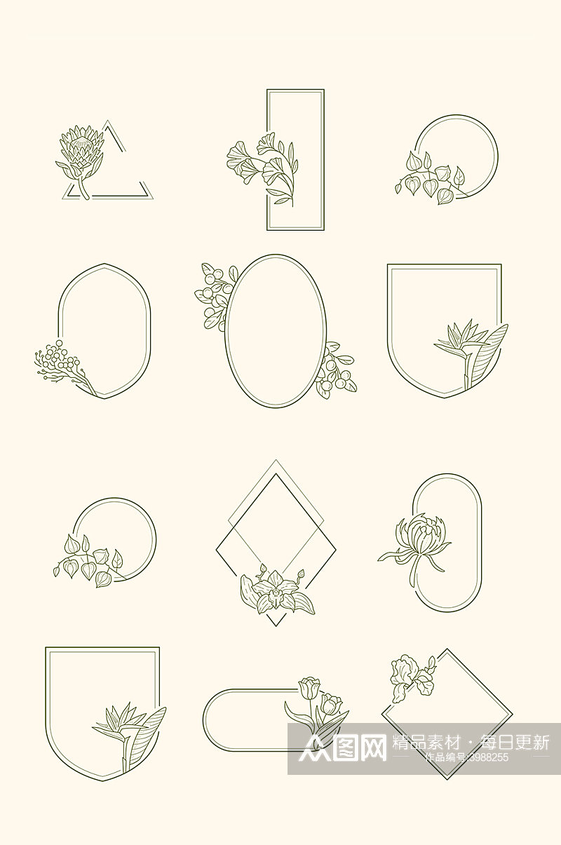 素描线描花卉边框花边元素素材