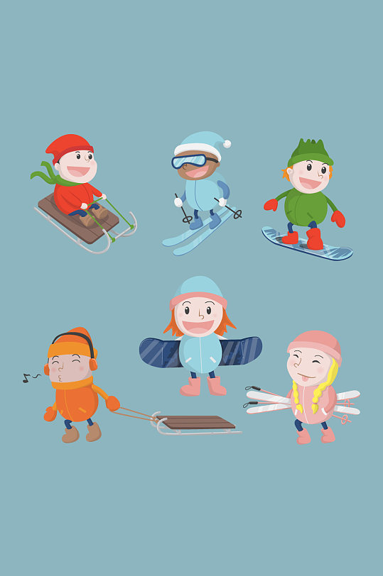 幼儿冬季滑雪矢量卡通人物元素 设计元素