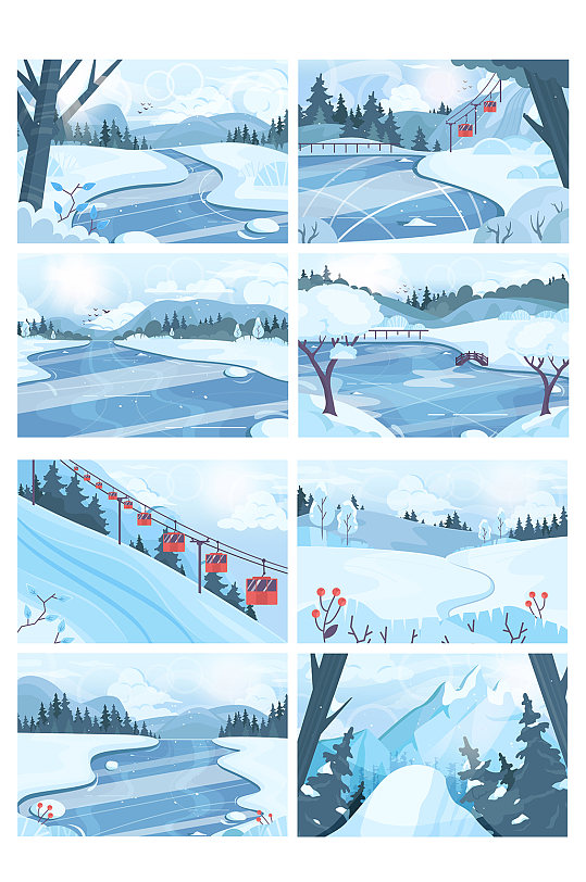 冬季雪景与滑雪矢量风景元素