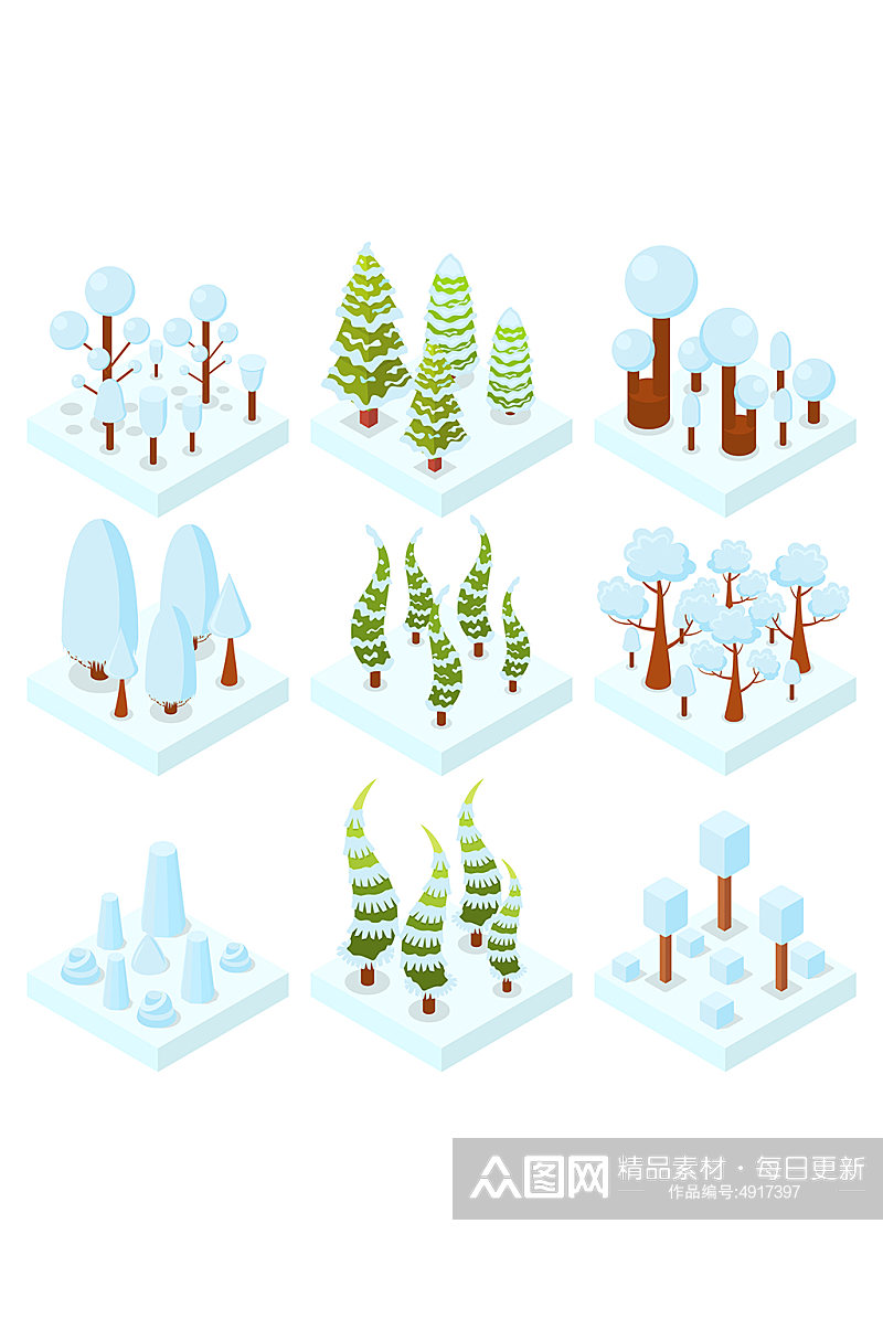 立体冰天雪地树木矢量元素素材