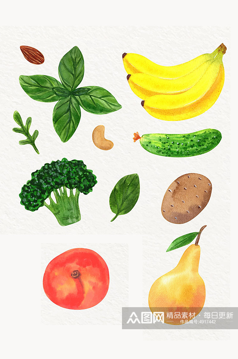 手绘水彩风格水果与蔬菜元素素材