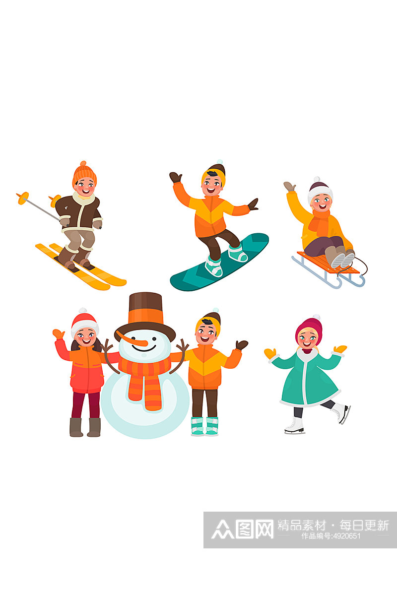 冬季孩童滑雪堆雪人元素素材