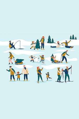 冬季滑雪打雪仗钓鱼矢量人物元素