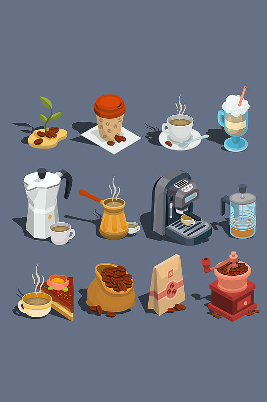 咖啡饮品与咖啡机立体图标