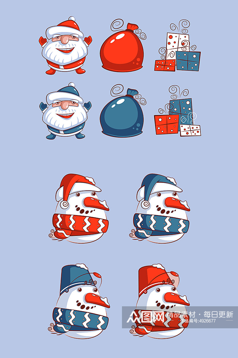 可爱圣诞老人与雪人元素素材
