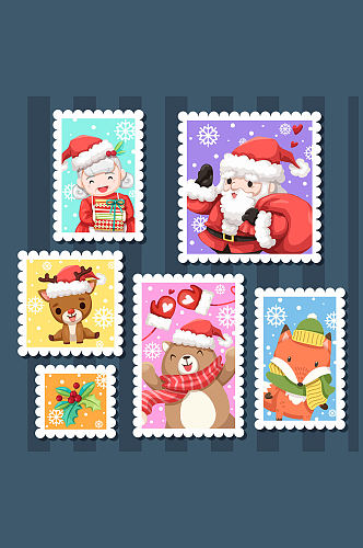 圣诞节卡通手绘邮票元素