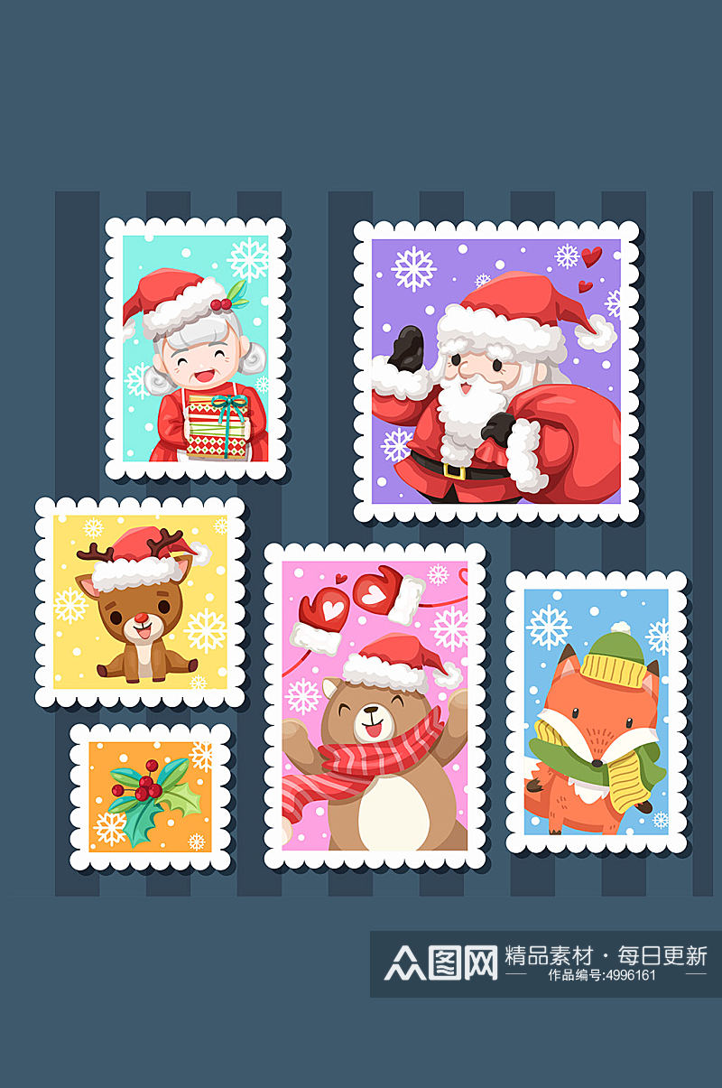 圣诞节卡通手绘邮票元素素材