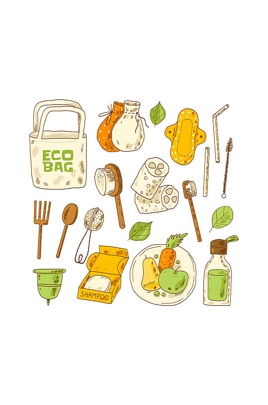 手绘绿色环保用品与食材元素