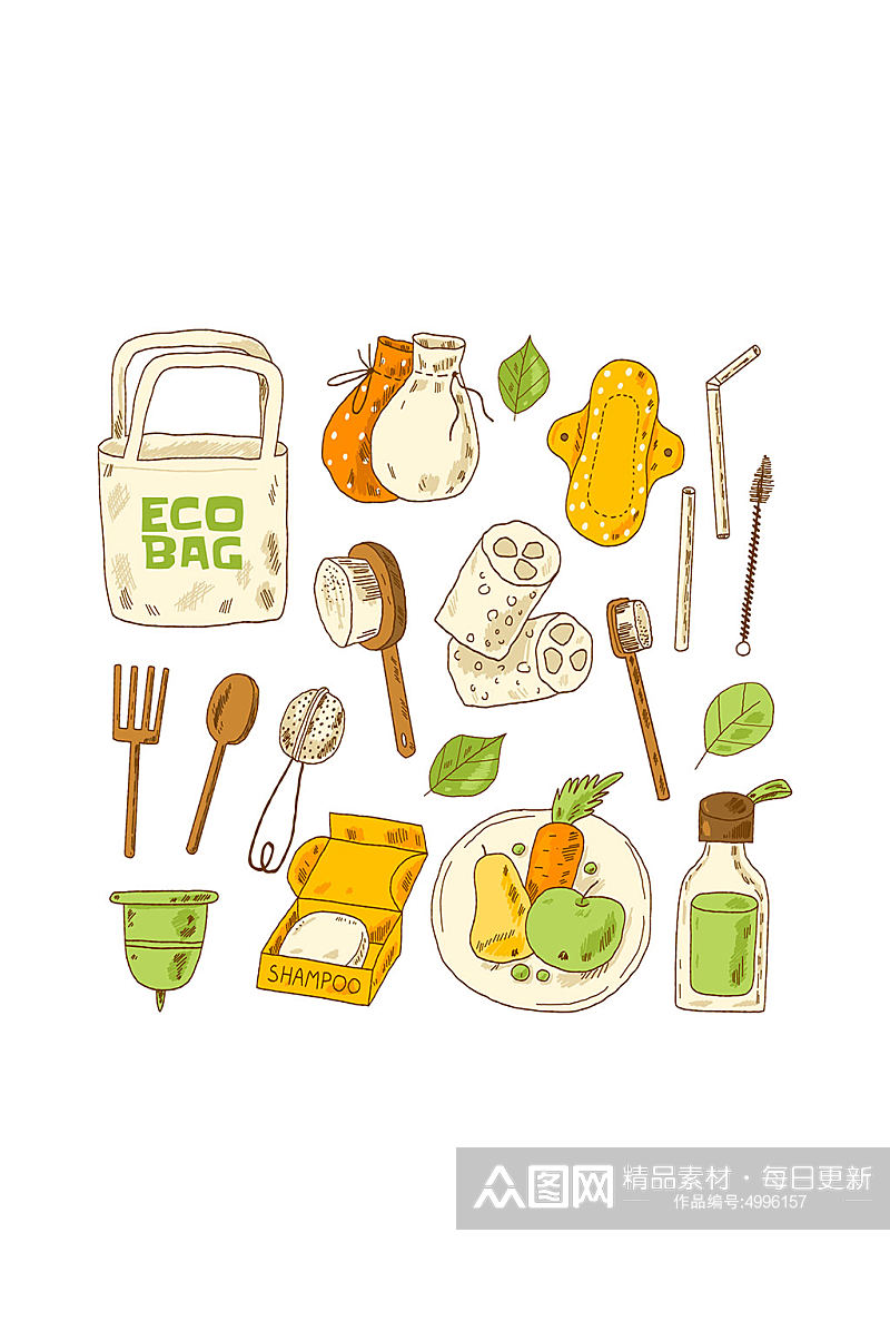 手绘绿色环保用品与食材元素素材