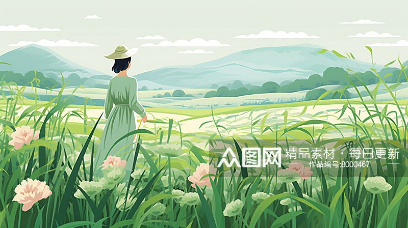 中国乡村麦田梯田风景插画素材