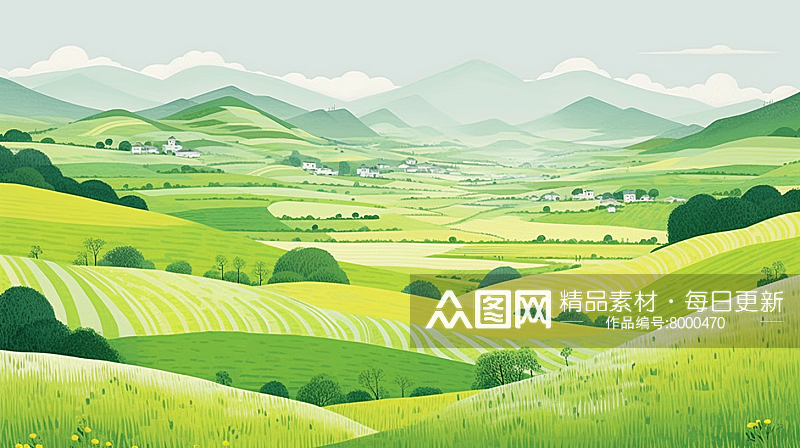 中国乡村麦田梯田风景插画素材