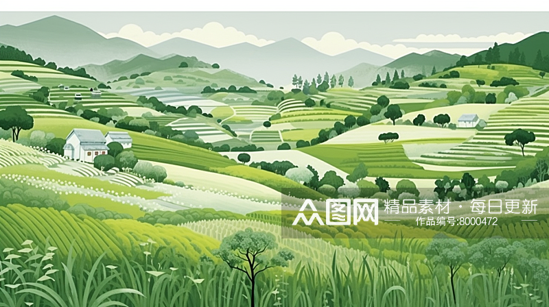 中国乡村麦田梯田风景插画素材