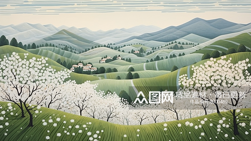 春天四月梨花盛开乡村郊外插画素材