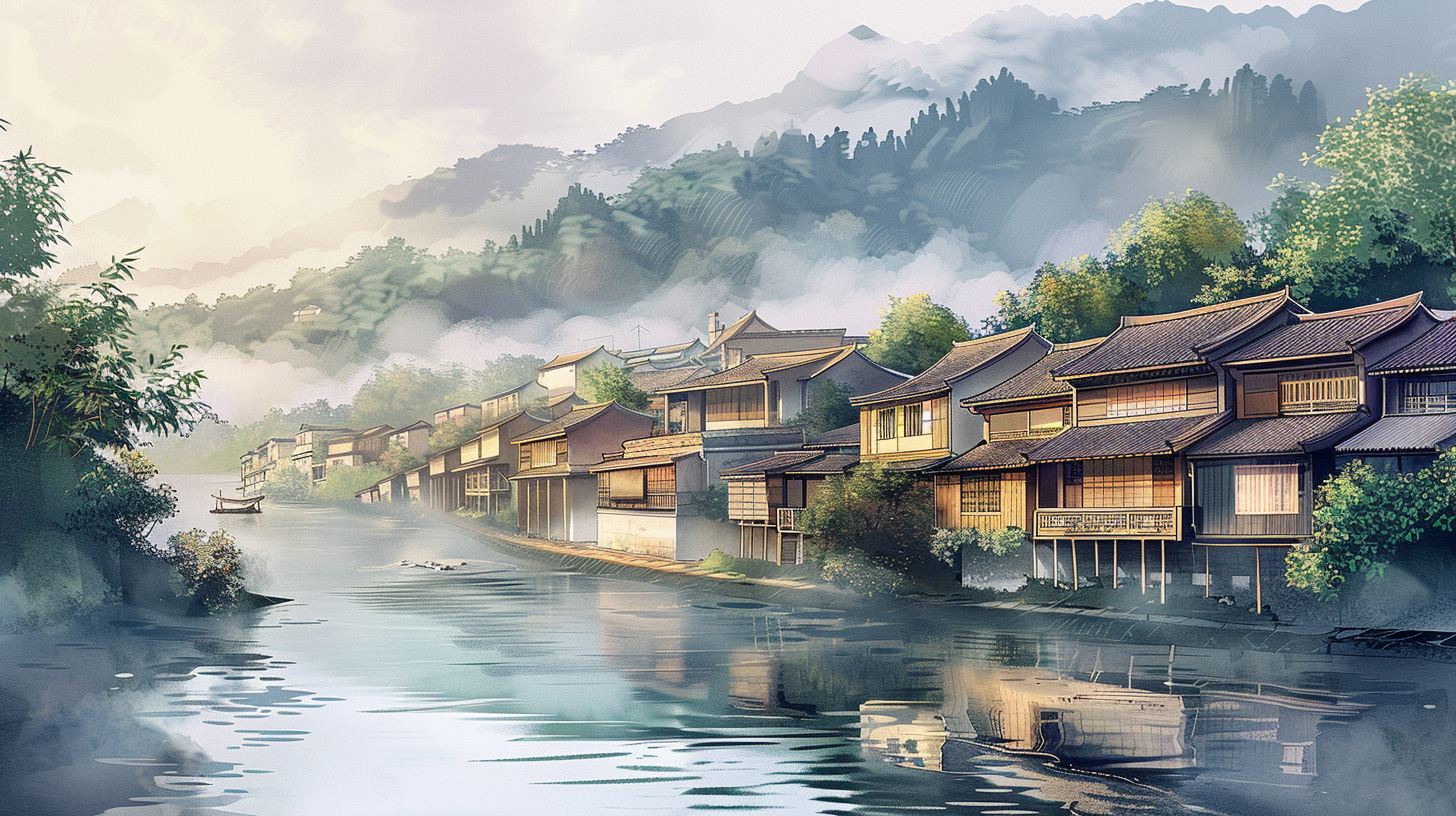 江南水乡古镇插画素材
