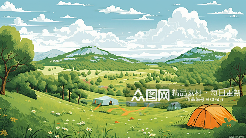 春天徒步旅行露营风景插画素材