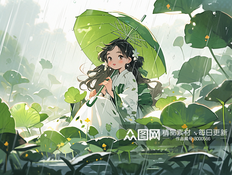 春季小雨撑伞女孩插画素材