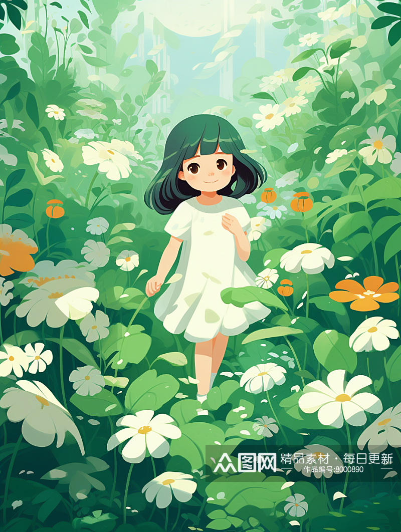春天站在鲜花中的小女孩插画素材