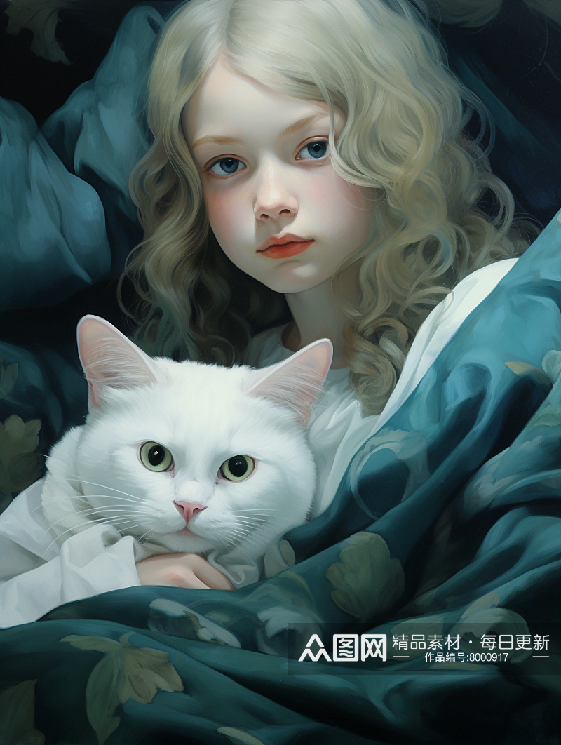 抱着猫的女孩插画素材