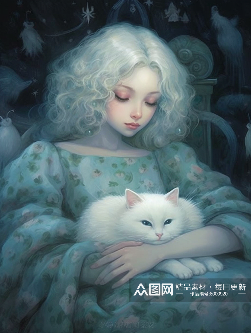 抱着猫的女孩插画素材