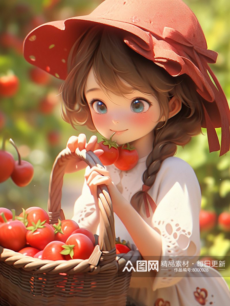 春天草莓苹果采摘女孩3D插画素材