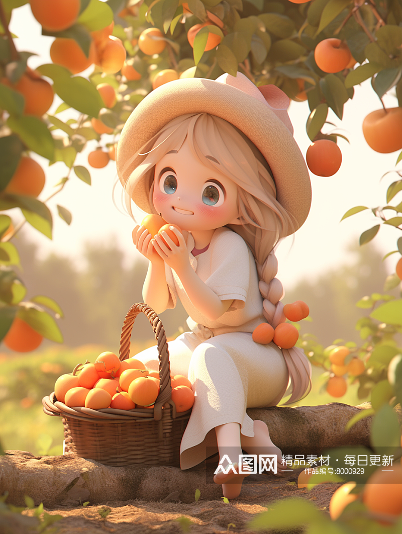 春天草莓苹果采摘女孩3D插画素材