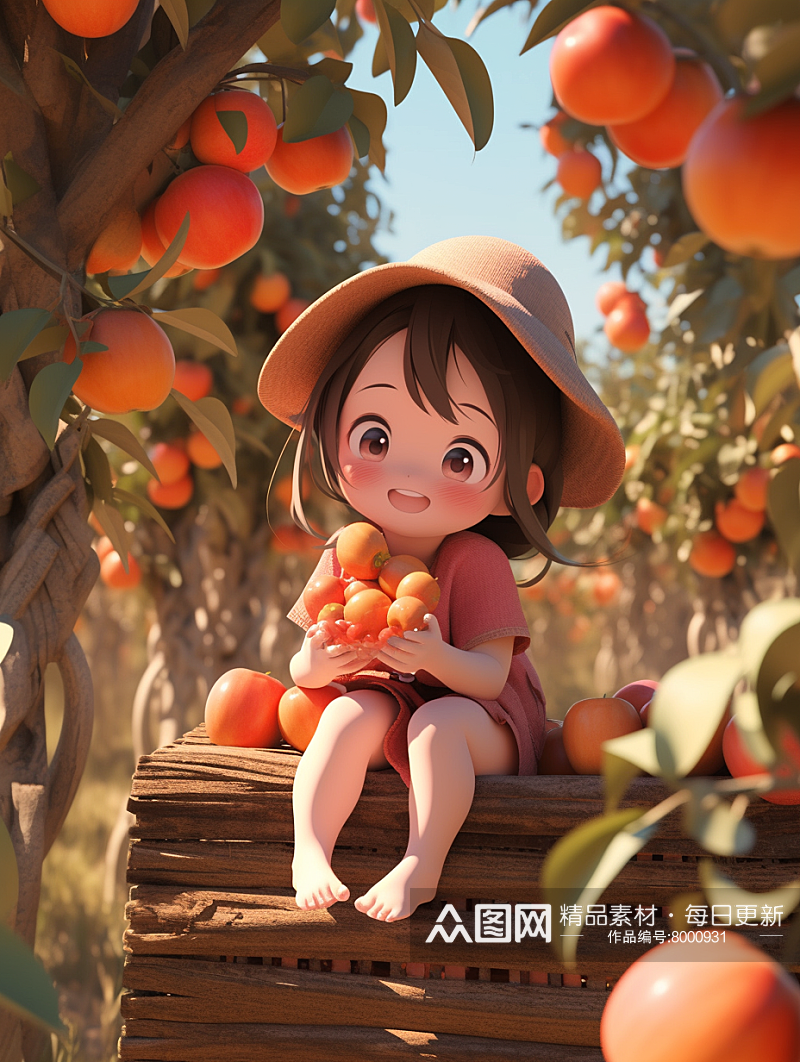 春天草莓苹果采摘可爱小女孩3D插画素材