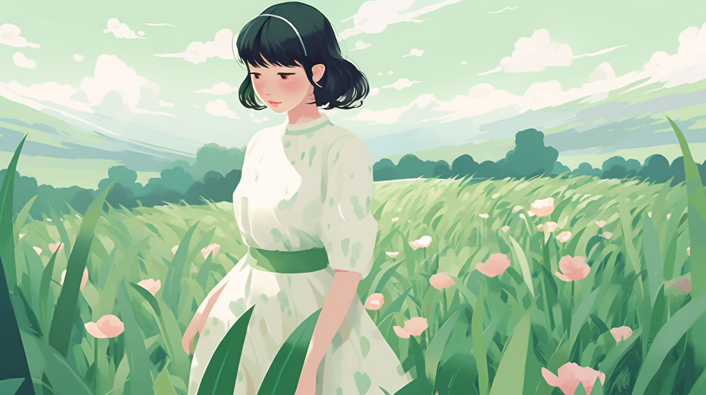 春天女孩与漫山遍野的花卉插画素材