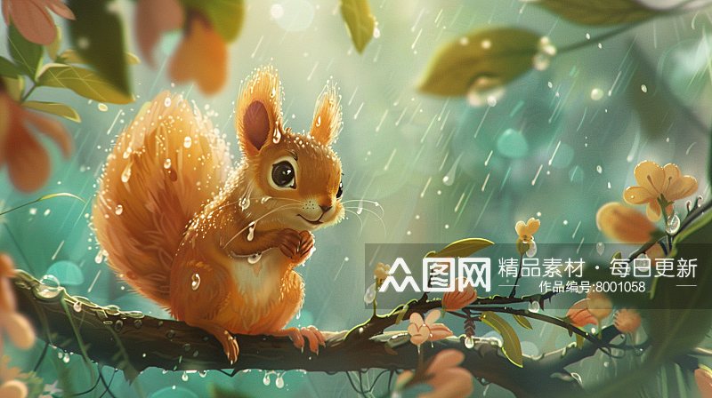 春天雨后可爱的小松鼠插画素材