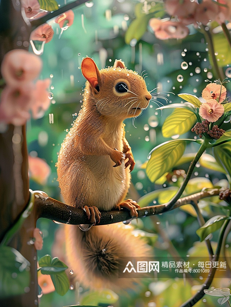 春天小雨松鼠站在树枝上3D场景素材