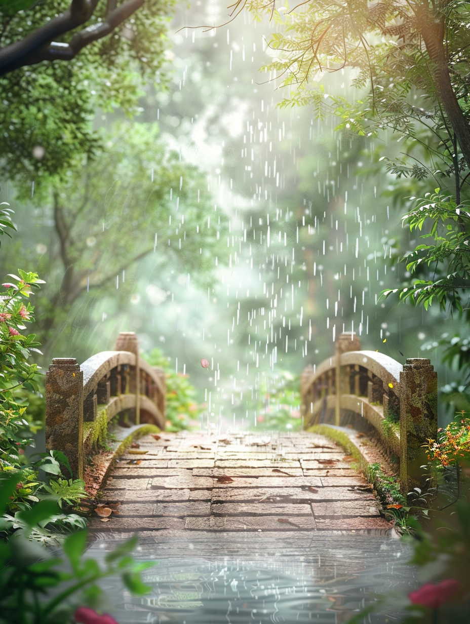 清明时节雨纷纷石头古桥与小雨素材