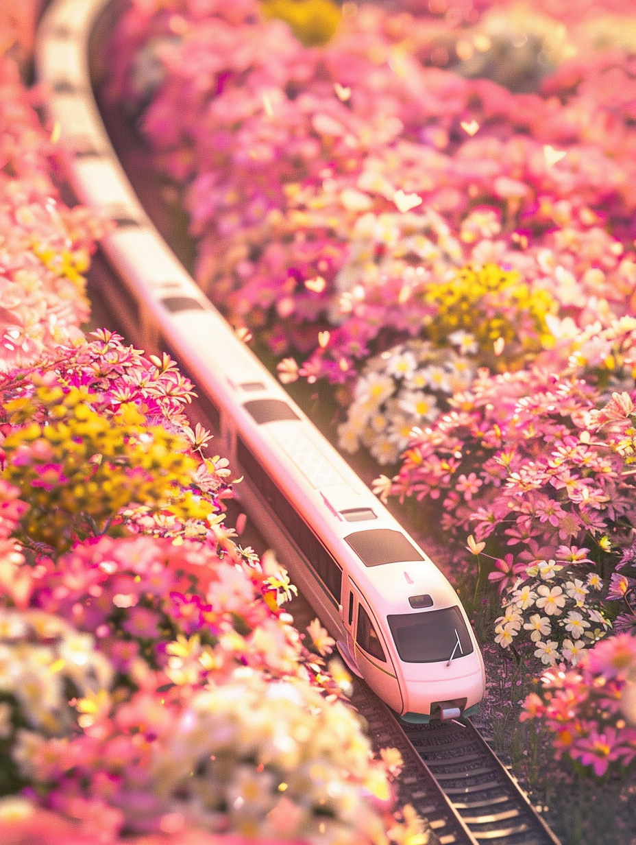 浪漫春天穿越花海的动车3D场景素材