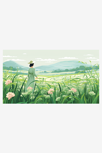 中国乡村麦田梯田风景插画