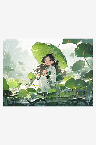 春季小雨撑伞女孩插画