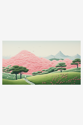 春天山丘乡村田野插画